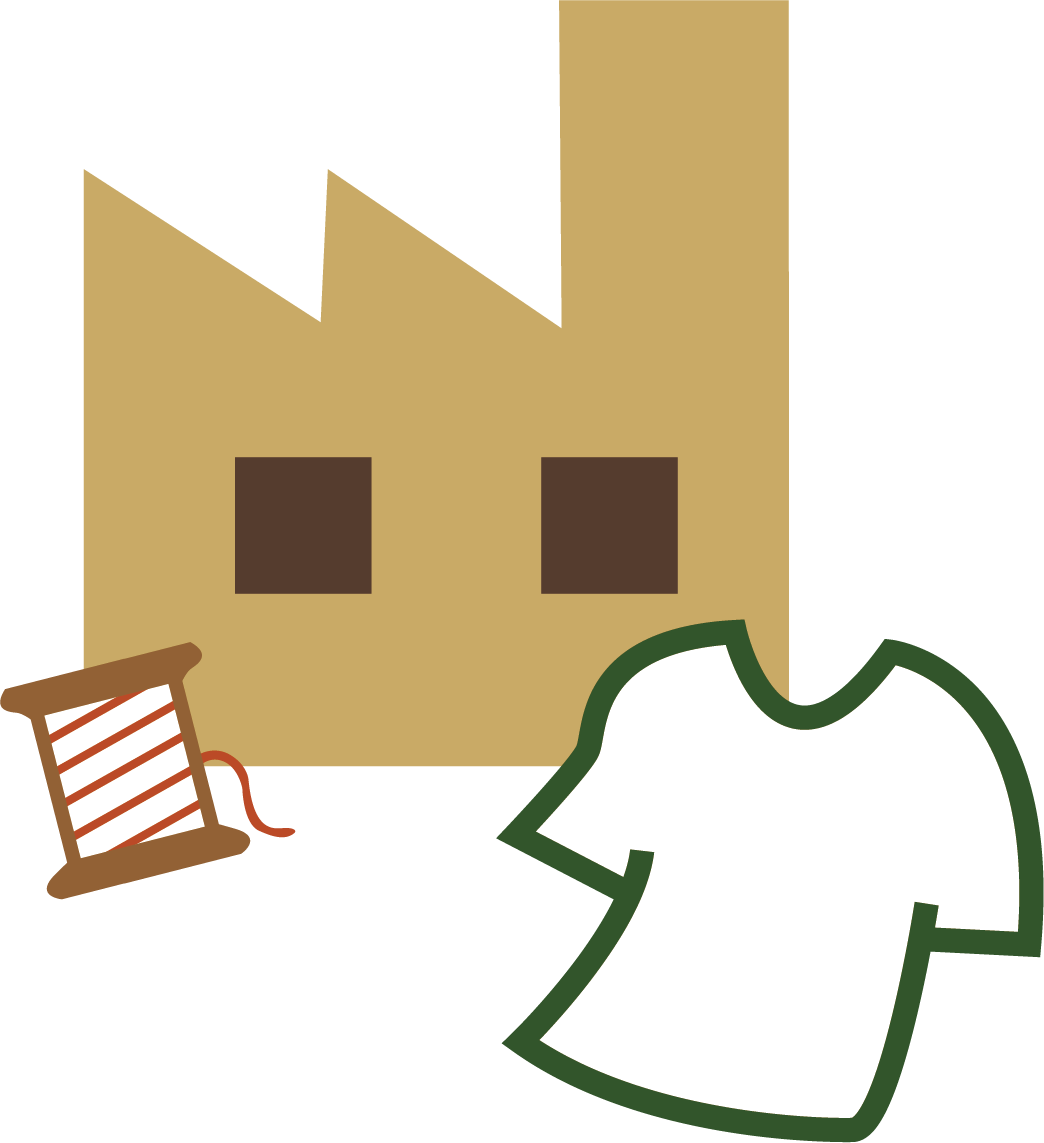 工場と糸、Tシャツのイラスト